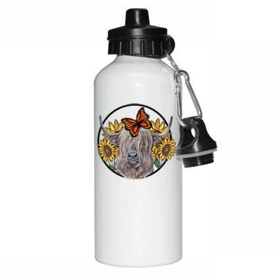 Country Highland Cow & Wild Sunflowers & Butterflies  Aluminum Water Bottle 