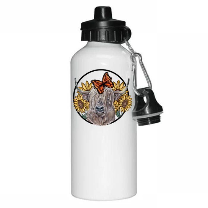 Country Highland Cow & Wild Sunflowers & Butterflies  Aluminum Water Bottle