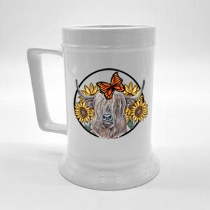 Country Highland Cow & Wild Sunflowers & Butterflies  Beer Stein