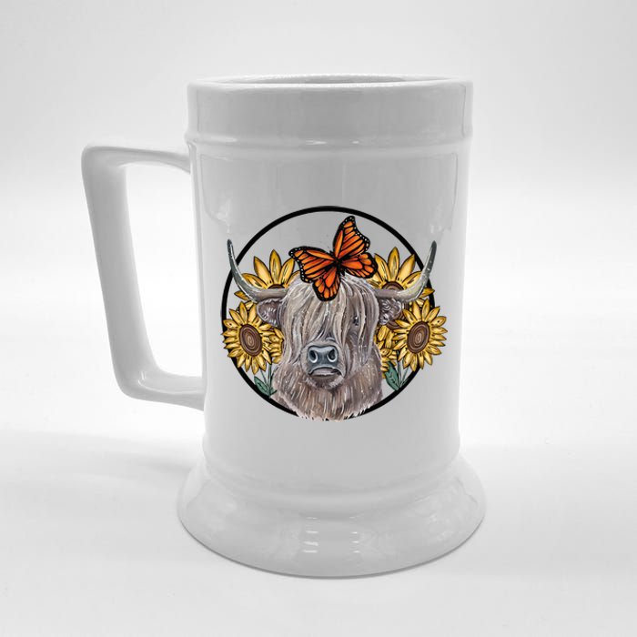 Country Highland Cow & Wild Sunflowers & Butterflies  Beer Stein