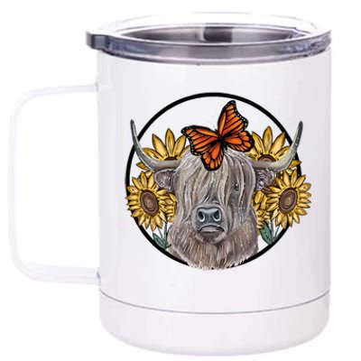 Country Highland Cow & Wild Sunflowers & Butterflies  12 oz Stainless Steel Tumbler Cup