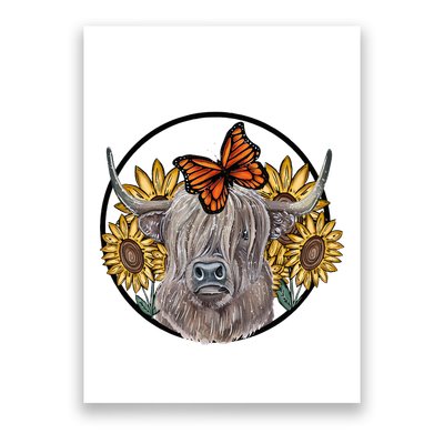 Country Highland Cow & Wild Sunflowers & Butterflies  Poster