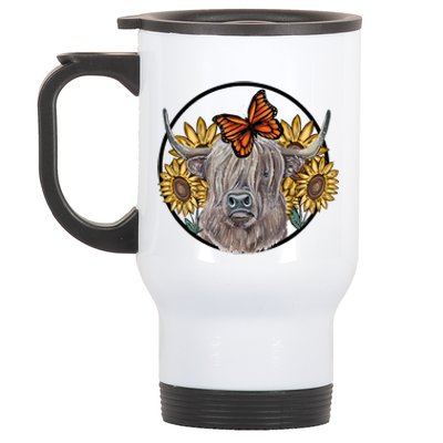 Country Highland Cow & Wild Sunflowers & Butterflies  Stainless Steel Travel Mug