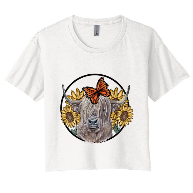 Country Highland Cow & Wild Sunflowers & Butterflies  Crop Top
