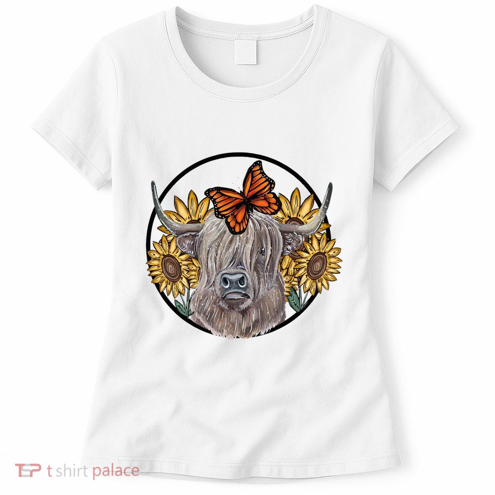 Country Highland Cow & Wild Sunflowers & Butterflies  Womens T-Shirt
