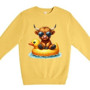 Cute Highland Cow Duck Pool Float Summer Vibes Swimming Premium Crewneck Sweatshirt