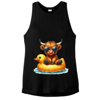 Cute Highland Cow Duck Pool Float Summer Vibes Swimming Ladies PosiCharge Tri-Blend Wicking Tank
