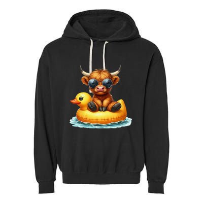 Cute Highland Cow Duck Pool Float Summer Vibes Swimming Garment-Dyed Fleece Hoodie