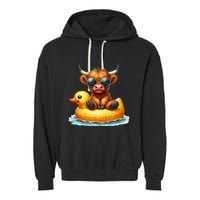 Cute Highland Cow Duck Pool Float Summer Vibes Swimming Garment-Dyed Fleece Hoodie