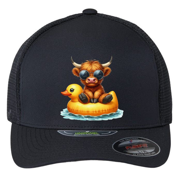 Cute Highland Cow Duck Pool Float Summer Vibes Swimming Flexfit Unipanel Trucker Cap