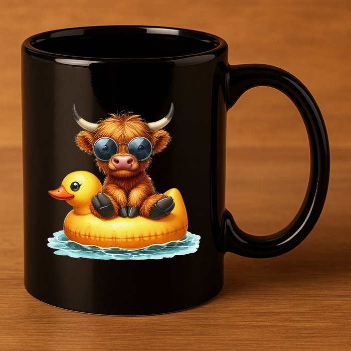 Cute Highland Cow Duck Pool Float Summer Vibes Swimming 11oz C Handle Ceramic Mug