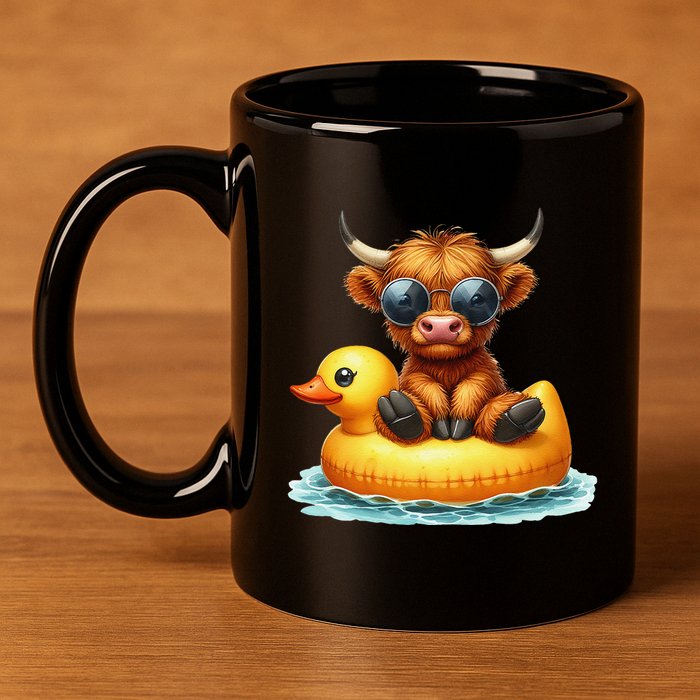 Cute Highland Cow Duck Pool Float Summer Vibes Swimming 11oz C Handle Ceramic Mug