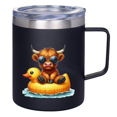 Cute Highland Cow Duck Pool Float Summer Vibes Swimming 12oz Stainless Steel Coffee Mug