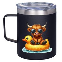 Cute Highland Cow Duck Pool Float Summer Vibes Swimming 12oz Stainless Steel Coffee Mug