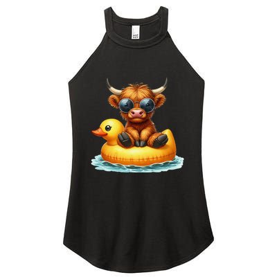 Cute Highland Cow Duck Pool Float Summer Vibes Swimming Women's Perfect Tri Rocker Tank