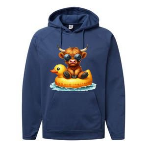 Cute Highland Cow Duck Pool Float Summer Vibes Swimming Performance Fleece Hoodie