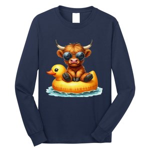 Cute Highland Cow Duck Pool Float Summer Vibes Swimming Long Sleeve Shirt