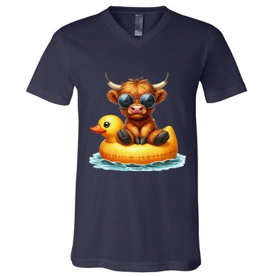 Cute Highland Cow Duck Pool Float Summer Vibes Swimming V-Neck T-Shirt