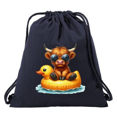 Cute Highland Cow Duck Pool Float Summer Vibes Swimming Drawstring Bag