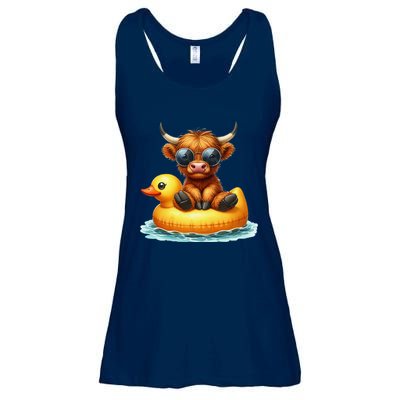 Cute Highland Cow Duck Pool Float Summer Vibes Swimming Ladies Essential Flowy Tank