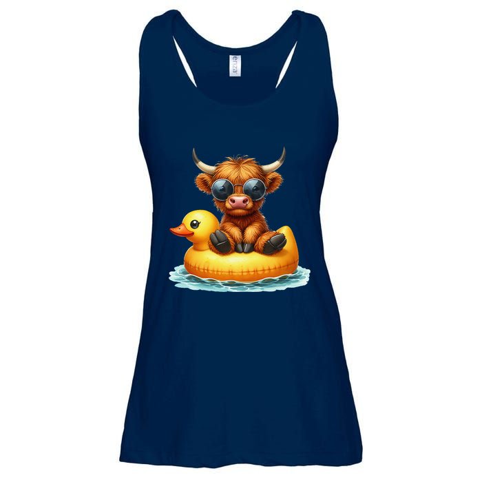 Cute Highland Cow Duck Pool Float Summer Vibes Swimming Ladies Essential Flowy Tank