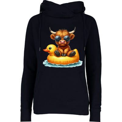 Cute Highland Cow Duck Pool Float Summer Vibes Swimming Womens Funnel Neck Pullover Hood