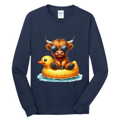 Cute Highland Cow Duck Pool Float Summer Vibes Swimming Tall Long Sleeve T-Shirt