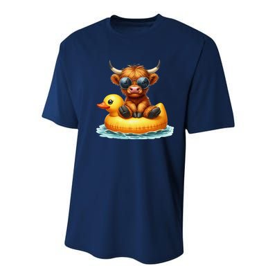 Cute Highland Cow Duck Pool Float Summer Vibes Swimming Youth Performance Sprint T-Shirt