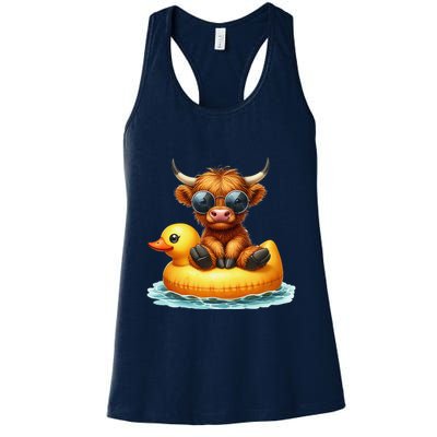 Cute Highland Cow Duck Pool Float Summer Vibes Swimming Womens Tank Top