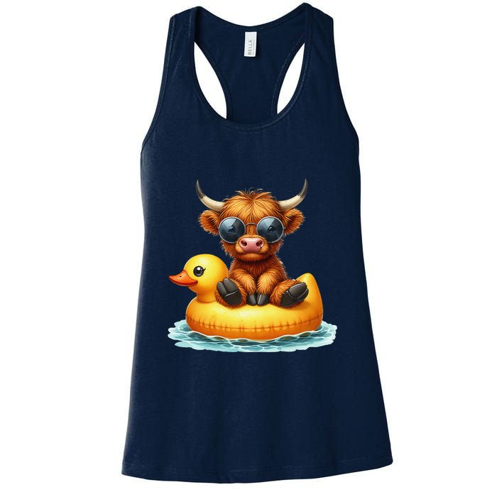 Cute Highland Cow Duck Pool Float Summer Vibes Swimming Womens Tank Top