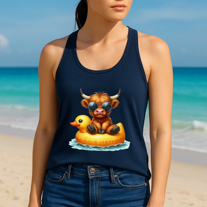 Cute Highland Cow Duck Pool Float Summer Vibes Swimming Womens Tank Top