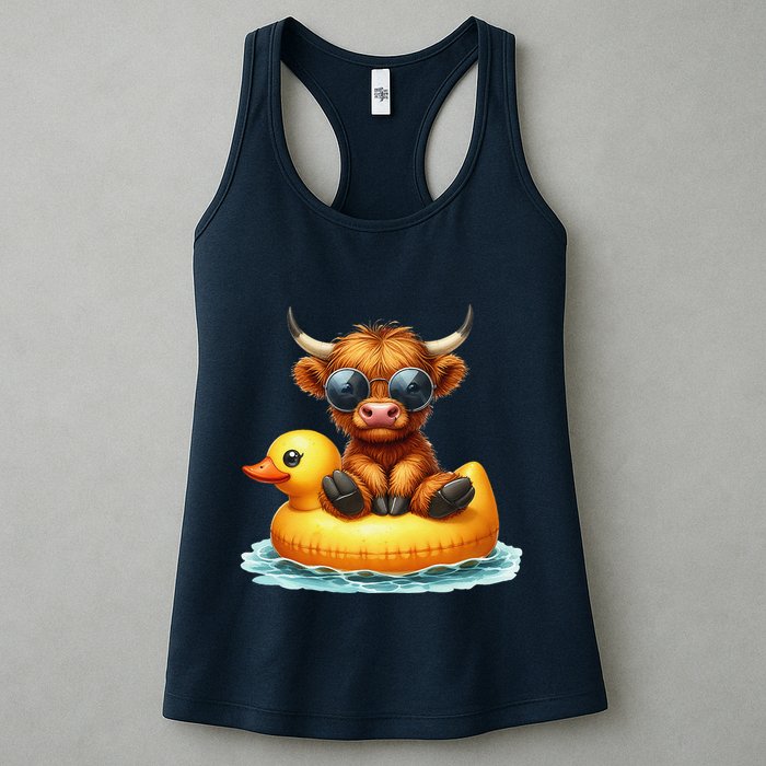 Cute Highland Cow Duck Pool Float Summer Vibes Swimming Womens Tank Top