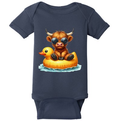 Cute Highland Cow Duck Pool Float Summer Vibes Swimming Baby Bodysuit