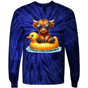 Cute Highland Cow Duck Pool Float Summer Vibes Swimming Tie-Dye Long Sleeve Shirt