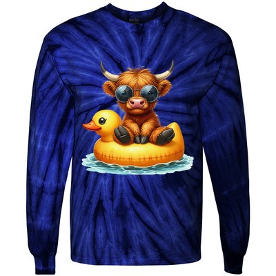 Cute Highland Cow Duck Pool Float Summer Vibes Swimming Tie-Dye Long Sleeve Shirt