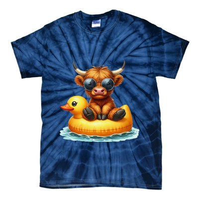 Cute Highland Cow Duck Pool Float Summer Vibes Swimming Tie-Dye T-Shirt