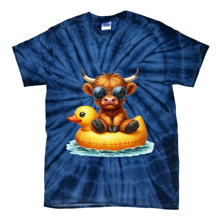 Cute Highland Cow Duck Pool Float Summer Vibes Swimming Tie-Dye T-Shirt