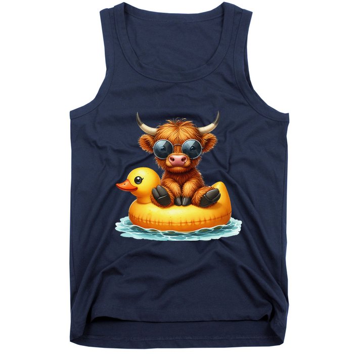 Cute Highland Cow Duck Pool Float Summer Vibes Swimming Tank Top