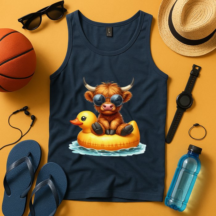 Cute Highland Cow Duck Pool Float Summer Vibes Swimming Tank Top