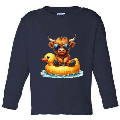Cute Highland Cow Duck Pool Float Summer Vibes Swimming Toddler Long Sleeve Shirt