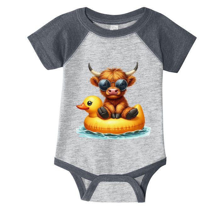 Cute Highland Cow Duck Pool Float Summer Vibes Swimming Infant Baby Jersey Bodysuit