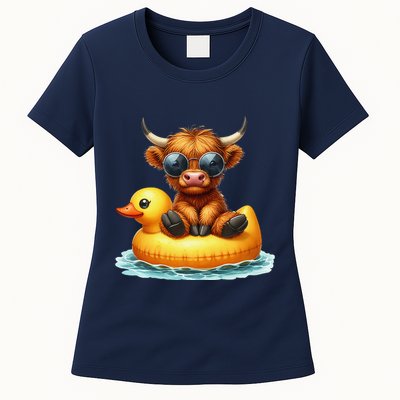 Cute Highland Cow Duck Pool Float Summer Vibes Swimming Womens T-Shirt