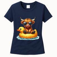 Cute Highland Cow Duck Pool Float Summer Vibes Swimming Womens T-Shirt