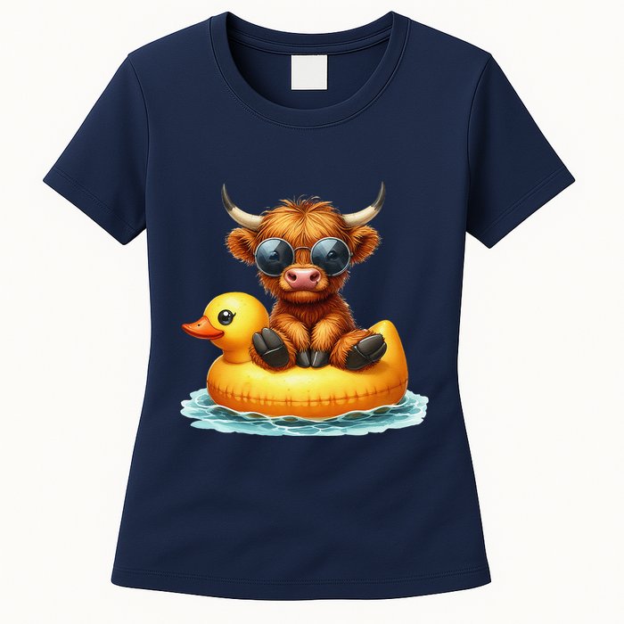 Cute Highland Cow Duck Pool Float Summer Vibes Swimming Womens T-Shirt