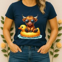 Cute Highland Cow Duck Pool Float Summer Vibes Swimming Womens T-Shirt
