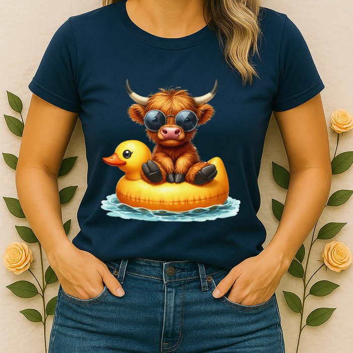 Cute Highland Cow Duck Pool Float Summer Vibes Swimming Womens T-Shirt