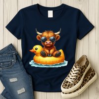 Cute Highland Cow Duck Pool Float Summer Vibes Swimming Womens T-Shirt