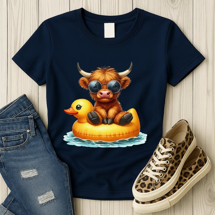 Cute Highland Cow Duck Pool Float Summer Vibes Swimming Womens T-Shirt
