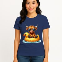 Cute Highland Cow Duck Pool Float Summer Vibes Swimming Womens T-Shirt