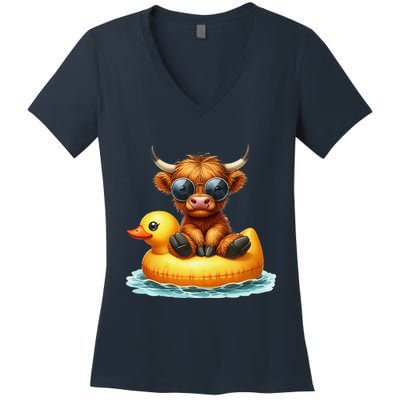 Cute Highland Cow Duck Pool Float Summer Vibes Swimming Women's V-Neck T-Shirt